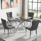 5 Piece Glass Dining Table Set Modern Small Glass Dining Table Set for 4, 35.43" Square Kitchen Table and 4 Velvet Upholstered Chairs for Kitchen Dining Room, Silver & Grey
