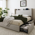 SHA CERLIN Queen Size Storage Bed Frame with 4 Oversized Drawers, Modern Wingback Headboard with Storage Shelf & Charging Station, No Box Spring Needed, Easy Assembly, Light Beige