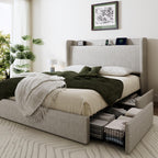 SHA CERLIN Queen Size Storage Bed Frame with 4 Oversized Drawers, Modern Wingback Headboard with Storage Shelf & Charging Station, No Box Spring Needed, Easy Assembly, Light Beige