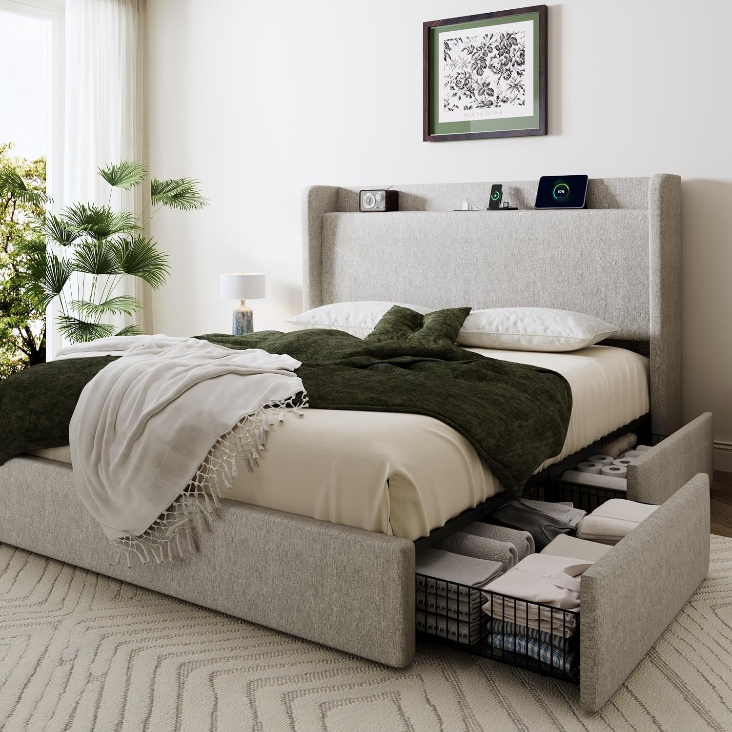 SHA CERLIN Queen Size Storage Bed Frame with 4 Oversized Drawers, Modern Wingback Headboard with Storage Shelf & Charging Station, No Box Spring Needed, Easy Assembly, Light Beige