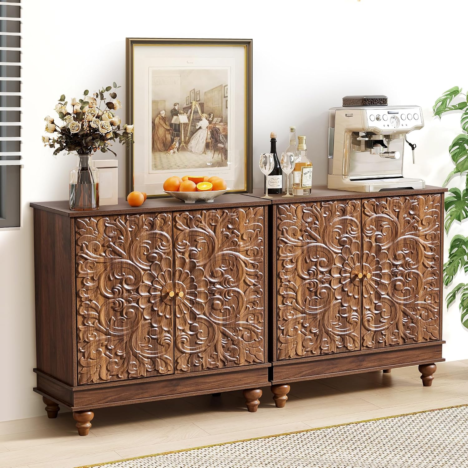 weselon Accent Cabinet with 2 Doors, Farmhouse Carved Buffet Sideboard with Adjustable Shelves, Storage Cabinet Entryway Table for Living Room (Walnut)