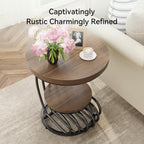 LITTLE TREE Round Side Table, Wood End Table with 2-Tier Storage Shelf, Accent Coffee Table, Curved Metal Frame End Table for Small Spaces, Living Room, Bedroom, Light Brown + Black