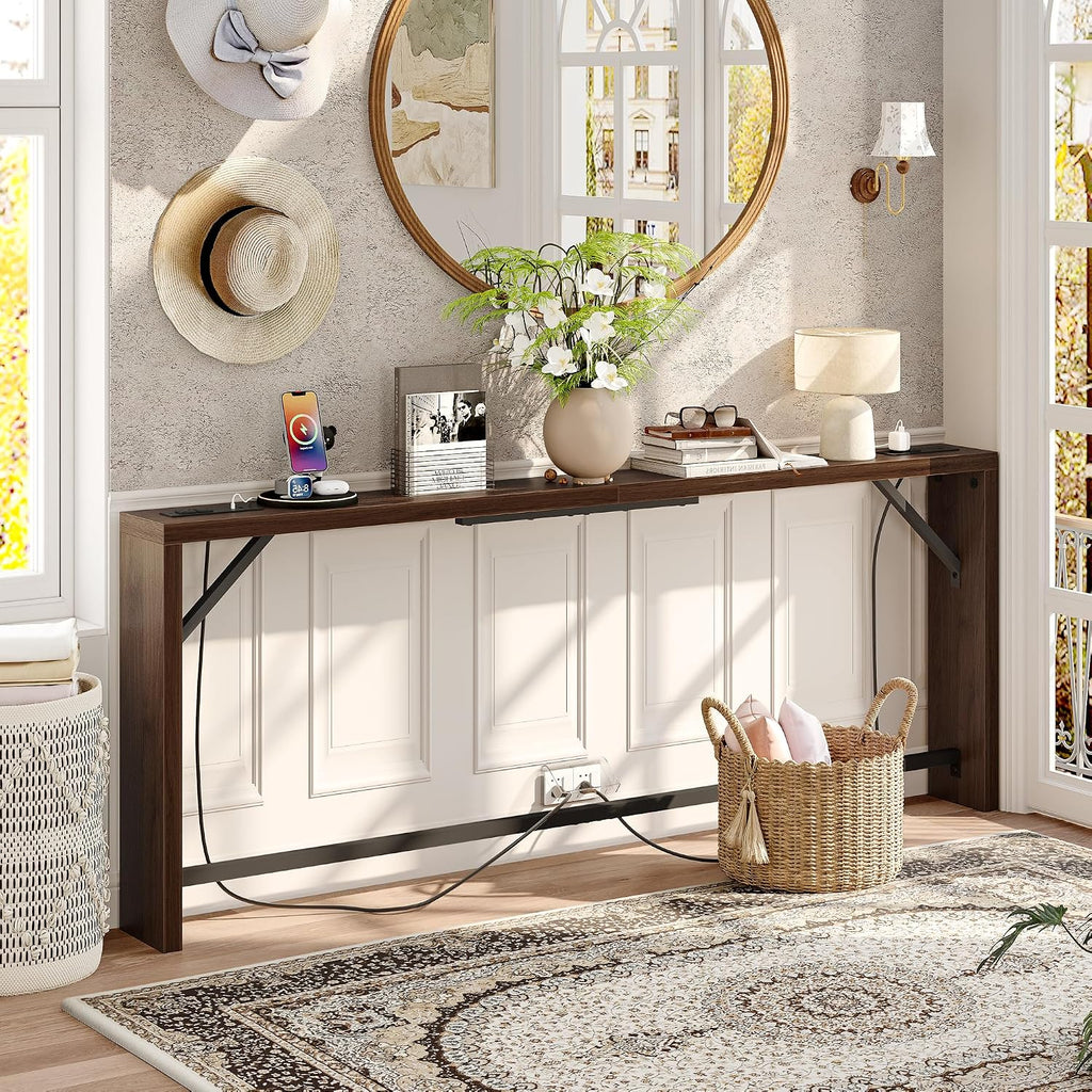 TIQLAB Sofa Table, 79 inch (1.2'' Thickness) Long Console Table Behind Couch, Narrow Entryway Table with Angled Metal Frame, Industrial Console Table, Black Walnut