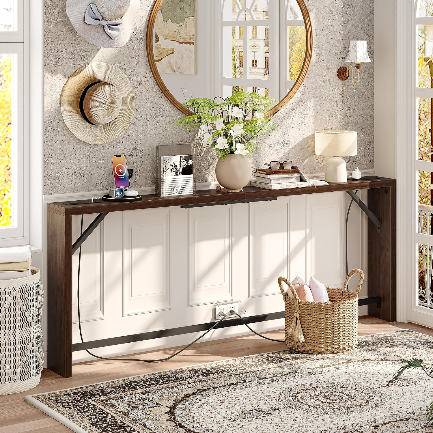 TIQLAB Sofa Table, 79 inch (1.2'' Thickness) Long Console Table Behind Couch, Narrow Entryway Table with Angled Metal Frame, Industrial Console Table, Black Walnut