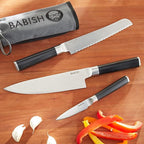 Babish German High-Carbon 1.4116 Steel Cutlery Knife Set, 3-Piece (Chef, Bread, & Pairing Knive) w/Kitchen Knives Roll