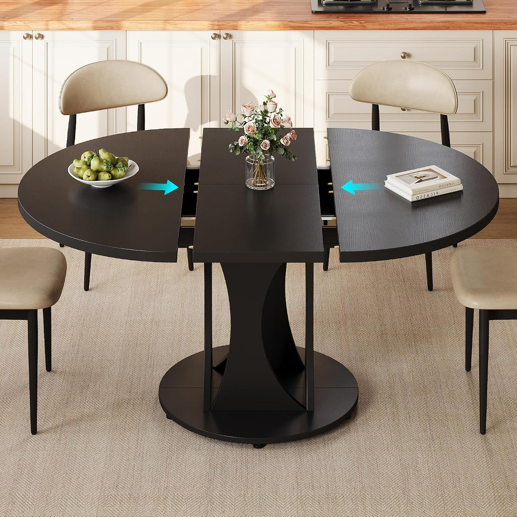 Einhomn 59" Extendable Round Dining Table for 6-8, Kitchen Table with Sturdy Double Arc Base & Backboard Clasp Desktop, Mid-Century Modern Dinner Table, Kitchen Dining Room, Space Saving, Black