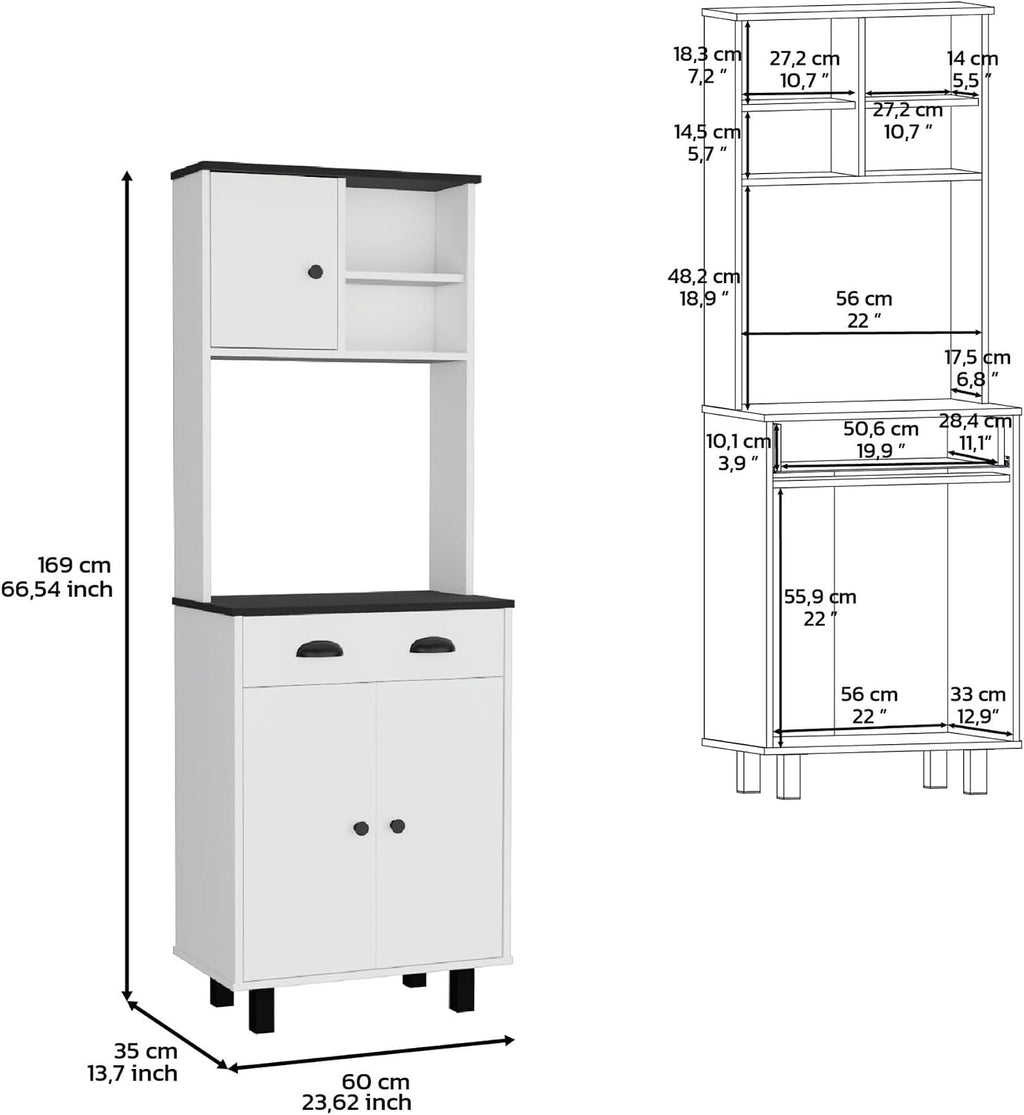 Waco 67" H Kitchen Pantry with Two Cabinets, Two Open Shelves, and One Drawer,White/Black