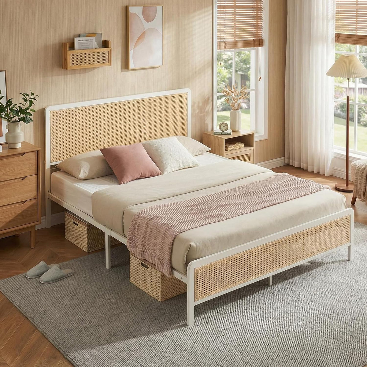 GAOMON Queen Size Rattan Bed Frame with Headboard, Modern Style Cane Boho Bed Frames with Heavy Duty Sturdy Steel Slat Support, No Box Spring Needed, White