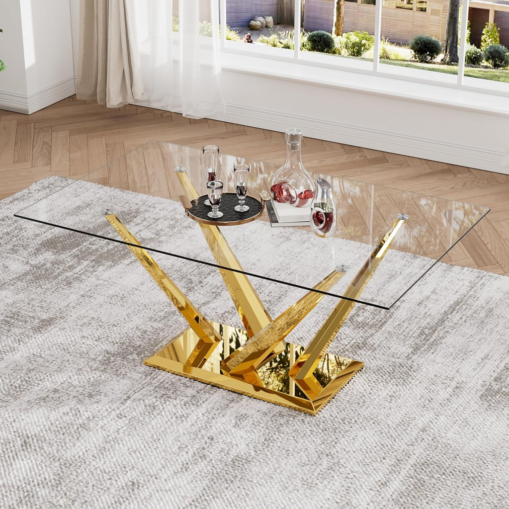 63'' Rectangular Glass Dining Table for 4-6, Luxury Kitchen Table with Tempered Glass and Aesthetic Gold Stainless Steel Base, Modern Dinner Table for Home, Apartment