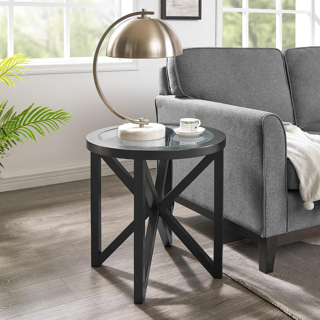 22 inch Round Side Table, Tempered Glass End Table with Solid Wood Base for Living Room, Black