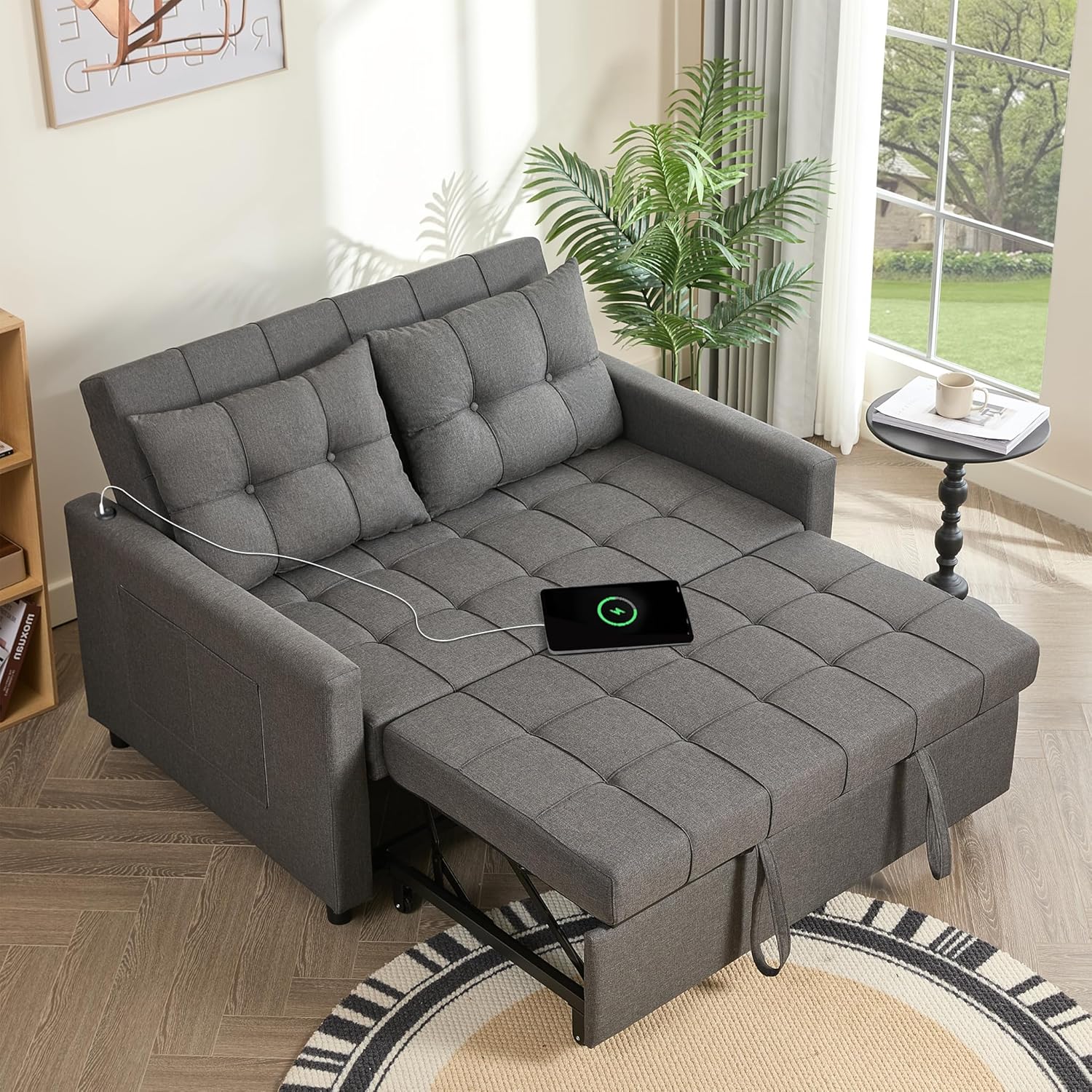 GOSUHI 52" 3-in-1 Convertible Sleeper Sofa Bed, Linen, Dark Gray | Pull-Out Bed, Stepless Adjustable Backrest, Side Pocket, Compact Loveseat, Living Room, Dorm & Apartment
