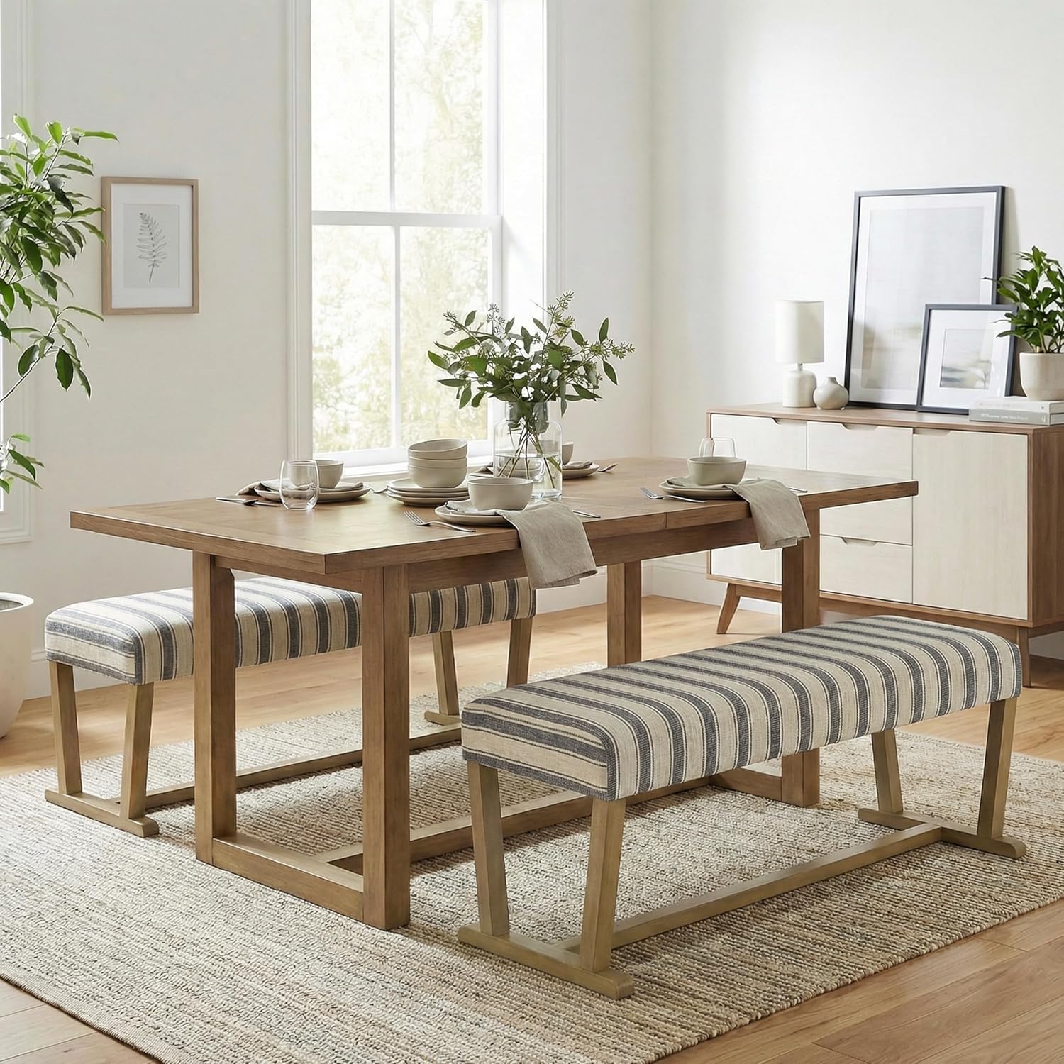VKNOW 41" Upholstered Entryway Bench, End of Bed Bench with Cushion and Rubber Wood, Kitchen Dining Bench, Striped Bench for Dining Table, Bedroom, Living Room, Grey