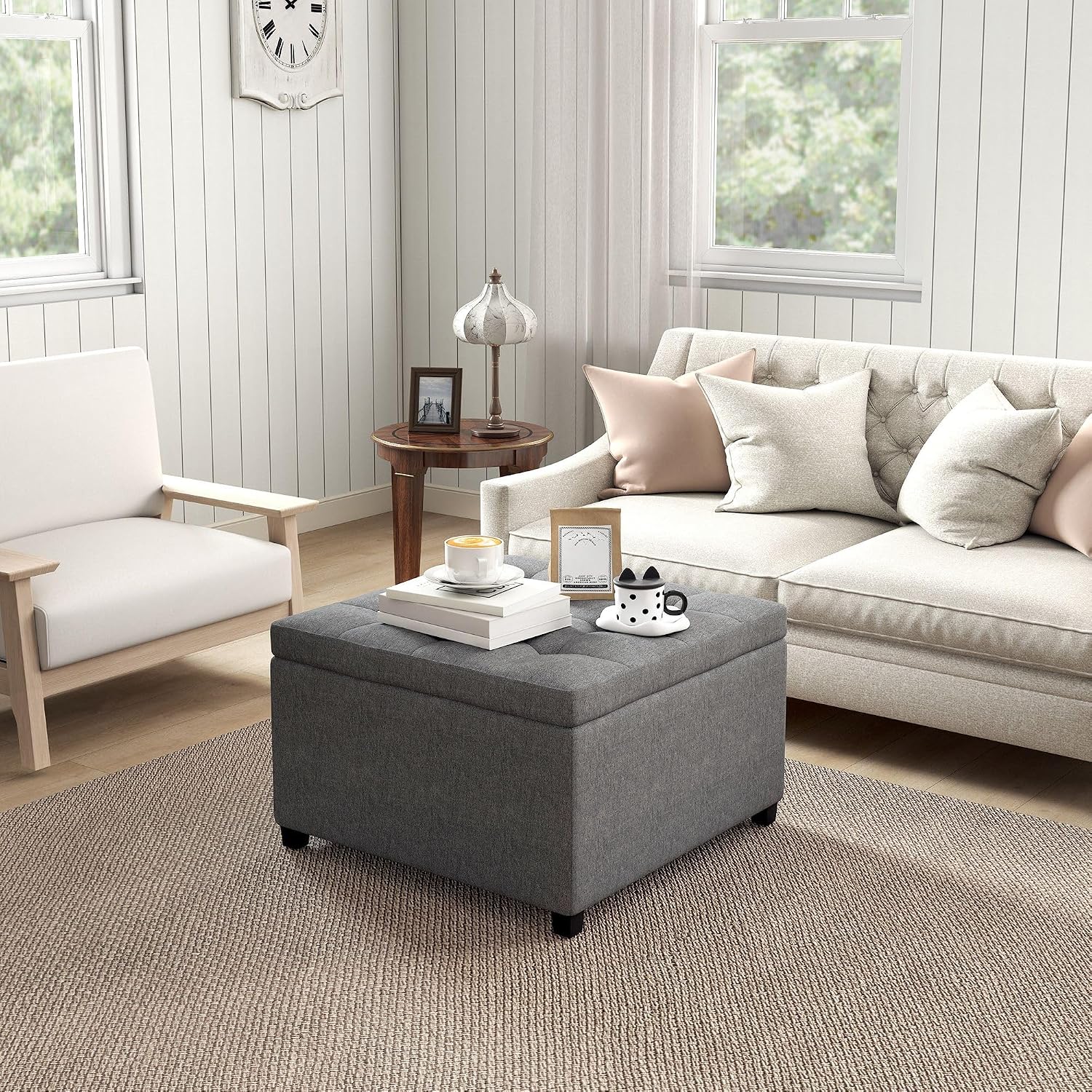 31x27x18inch 500lb Premium Quality Tufted Leather Storage Ottoman LiftTop Superior Metal Hinge Crafted Rubberwood FFor rame Beige