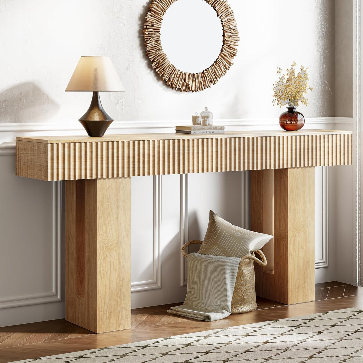 63-Inch Long Entryway Console Table with a Fluted Design, Thick Wood Farmhouse Sofa Table Behind Couch, Narrow Hallway Accent Table for Living Room, Foyer, Entrance, Natural Oak