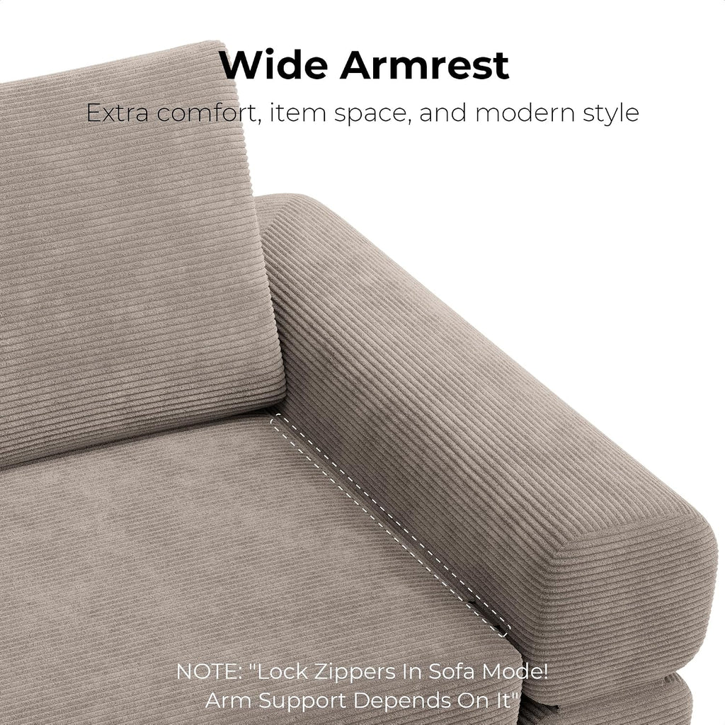 LIKIMIO FlipNest Convertible Sleeper Sofa Bed Floor Sofa 3-in-1 No Assembly, Foldable Mattress with Corduroy Upholstery Light Brown, Lounge Loveseat Couch for Living Room Studio Guest Room
