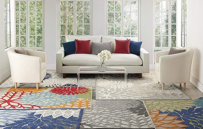 Nourison Aloha Indoor/Outdoor Multicolor 5'3" x 7'5" Area Rug, Tropical, Botanical, Easy Clean, Non Shedding, Bed Room, Living Room, Dining Room, Deck, Backyard, Patio (5x7)