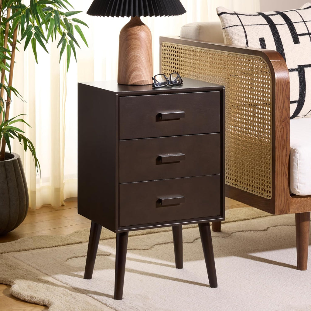 SAFAVIEH Home Collection - Pomona Dark Chocolate Nightstand, 3-Drawer Accent Table, Mid-Century Storage Cabinet (CHS5700E)