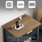 HIFYOBRO Fluted End Table with Charging Station and Motion Sensor Light, Modern Blue Side Table with 2 Drawers and Storage Shelf for Living Room, Bedroom, Guest Room