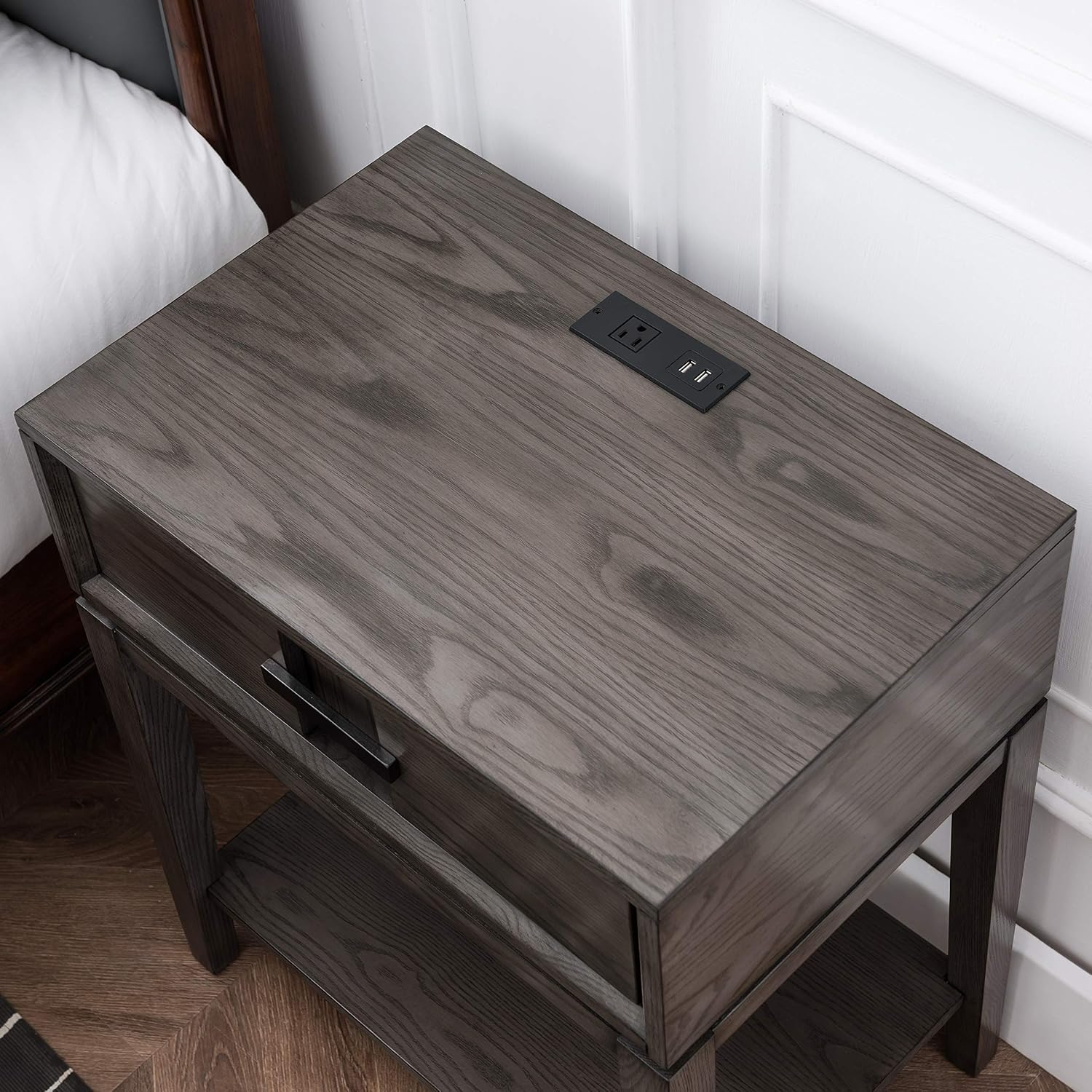 Leick Home Oak Recessed Drawer Side Table with A/C and USB Charger in Smoke Gray, 9074