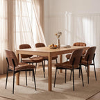 GrandNoor Mid Century Modern Dining Chairs with Walnut Grain Back, Brown Faux Leather Dining Room Chairs Set of 2, Checkered Soft Cushion Kitchen Chairs with Adjustable Foot Pads