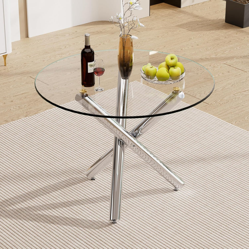 Round Glass Dining Room Table for 2-3, Modern Tempered Glass Top, Sturdy Chrome Legs, Adjustable Foot Pads, Kitchen Table for Living Room, Dining Room, Tea, Home, 35.5 Inch, Round Silver Base