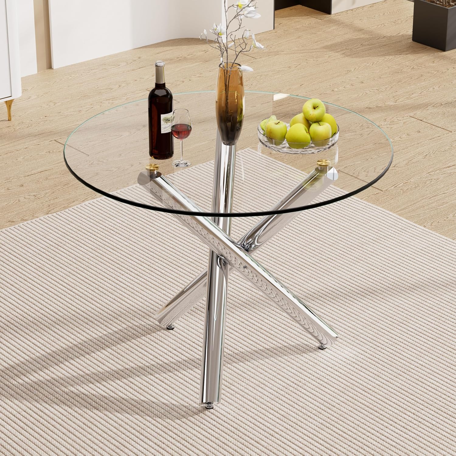 Round Glass Dining Room Table for 2-3, Modern Tempered Glass Top, Sturdy Chrome Legs, Adjustable Foot Pads, Kitchen Table for Living Room, Dining Room, Tea, Home, 35.5 Inch, Round Silver Base