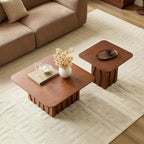 2-Piece Fluted Nesting Coffee Table with Hand-Carved Wavy Base, Mid-Century Modern End Tables for Living Room Office, Brown