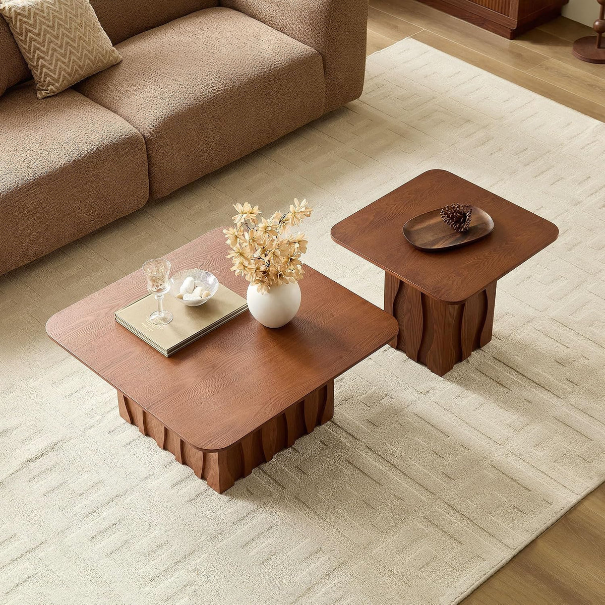 2-Piece Fluted Nesting Coffee Table with Hand-Carved Wavy Base, Mid-Century Modern End Tables for Living Room Office, Brown