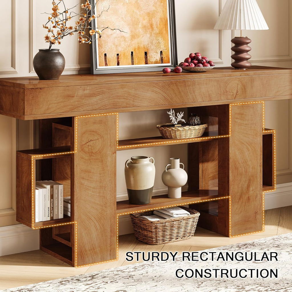 Einhomn 63 Inch Long Console Table for Entryway, Farmhouse Wooden Sofa Table Behind Couch with 3-Tier Storage Shelf, Narrow Entry Accent Table for Living Room, Hallway, Foyer, Natural
