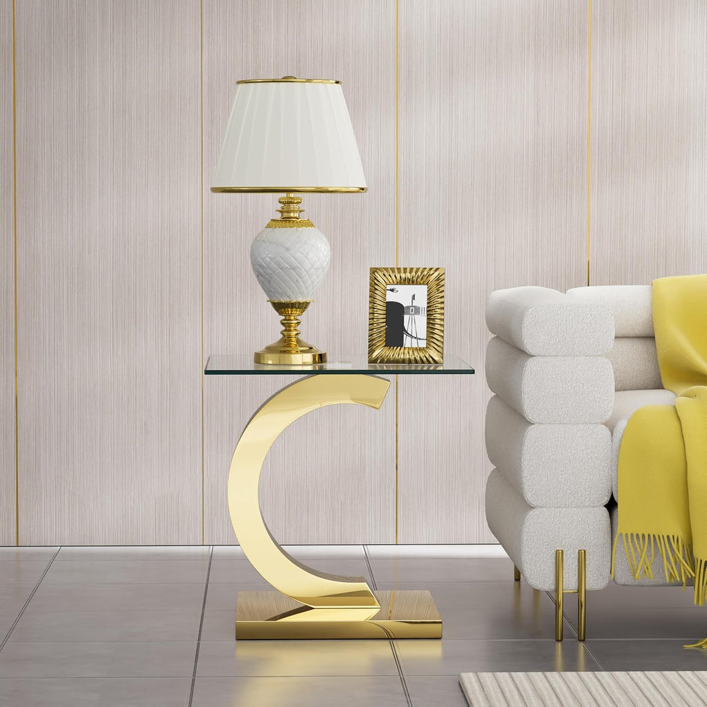 Henf Square Glass End Table Luxury Accent Sofa Side Table, Modern Glass End Tables Nightstand with Tempered Glass Top and Gold Mirrored Stainless Steel Base for Living Room Bedroom