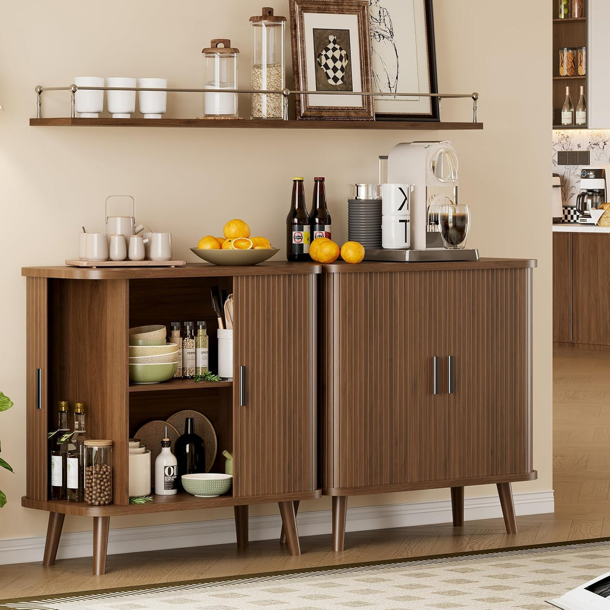 Sideboard Buffet Cabinet with Sliding Door, 31.5" Wide Fluted Modern Accent Storage Cabinet with Adjustable Shelves, Wood Coffee Bar Buffet Console Table for Kitchen, Dining Room, Living Room, Walnut