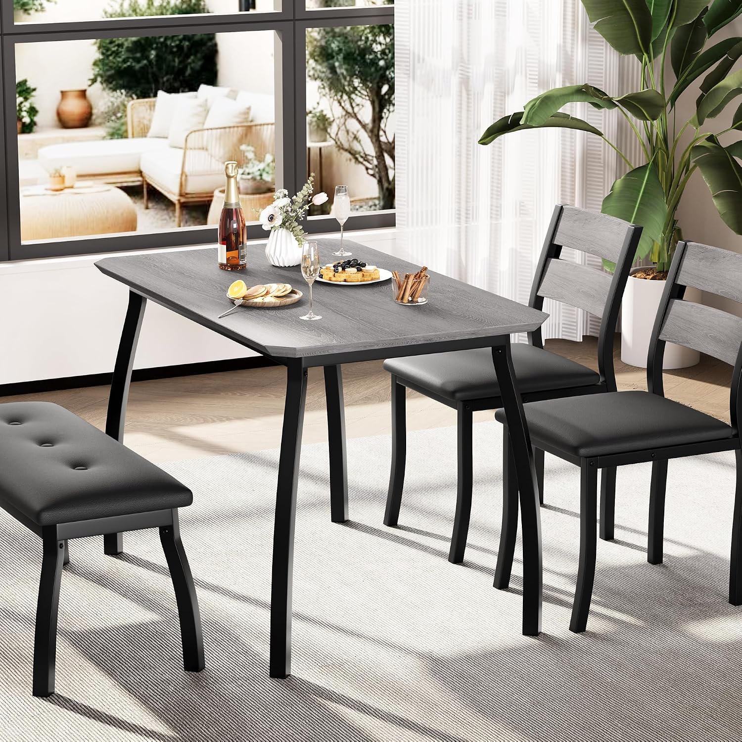 Kitchen Table Set for 4, 4-Piece Dining Table with 2 Chairs and PU Upholstered Bench - Cutting Corner Tabletop Design, Space-Saving Kitchen Furniture for Studio, Restaurant, Gray