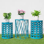 Y&M Nesting Side Table, Set of 3 Stacking Coffee Table for Living Room, Indoor End Tables, Outdoor Decorative Garden Stool with Heavy Duty Metal Frame Modern Industrial Decor - Blue