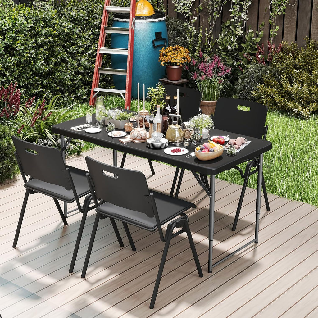 SKONYON 4 Foot Folding Table Heavy Duty Portable Fold-in-Half Plastic Utility Table Small Indoor Outdoor Adjustable Height Card Table with Carrying Handle, Camping and Party, Black