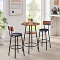23.6" 3 Piece Round Bar Table and Chair Set with Shelf Rustic Brown | Rustic Brown Particleboard And Black Steel Frame With Integrated Middle Storage Shelf For Small Spaces