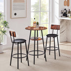 23.6" 3 Piece Round Bar Table and Chair Set with Shelf Rustic Brown | Rustic Brown Particleboard And Black Steel Frame With Integrated Middle Storage Shelf For Small Spaces