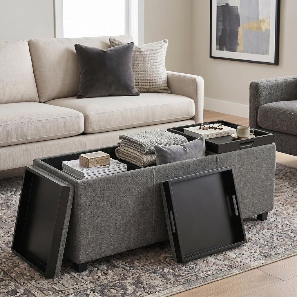 SIMPLIHOME Avalon 42" Wide Linen Look Fabric Storage Ottoman in Slate Grey