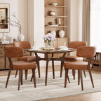 Mid-Century Dining Chair Set of 4, Upholstered Kitchen Chair with T-Shaped Back, Faux Leather with Wood Grain Metal Legs, Comfortable Padded Seat forKitchen, Living Room, Brown(Only Chairs)