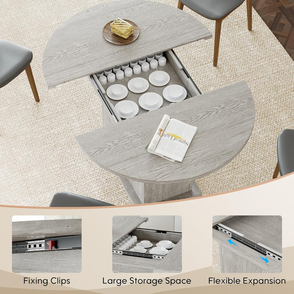 43.3in-59in Extendable Round Dining Table for 4-8, Modern Expandable Kitchen Oval Dining Table, Space Saving Circle Dining Room Table with Storage Shelf for Kitchen Living Room (Grey)