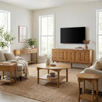 Pembroke 58” Cottage Sofa Console Table with Drawers & Lower Shelf Storage, Narrow Entryway Table or Dining Server with Levelers | Prairie Oak Natural