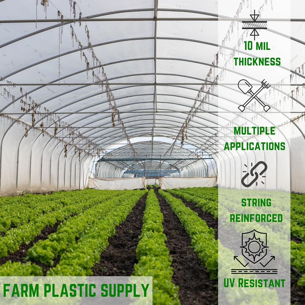 Farm Plastic Supply - String Reinforced 4 Year UV Resistant 10 mil Clear Greenhouse Plastic Sheeting - 4 Year UV Resistant Polyethylene Greenhouse Film, Hoop House Green House Cover (6' x 50')