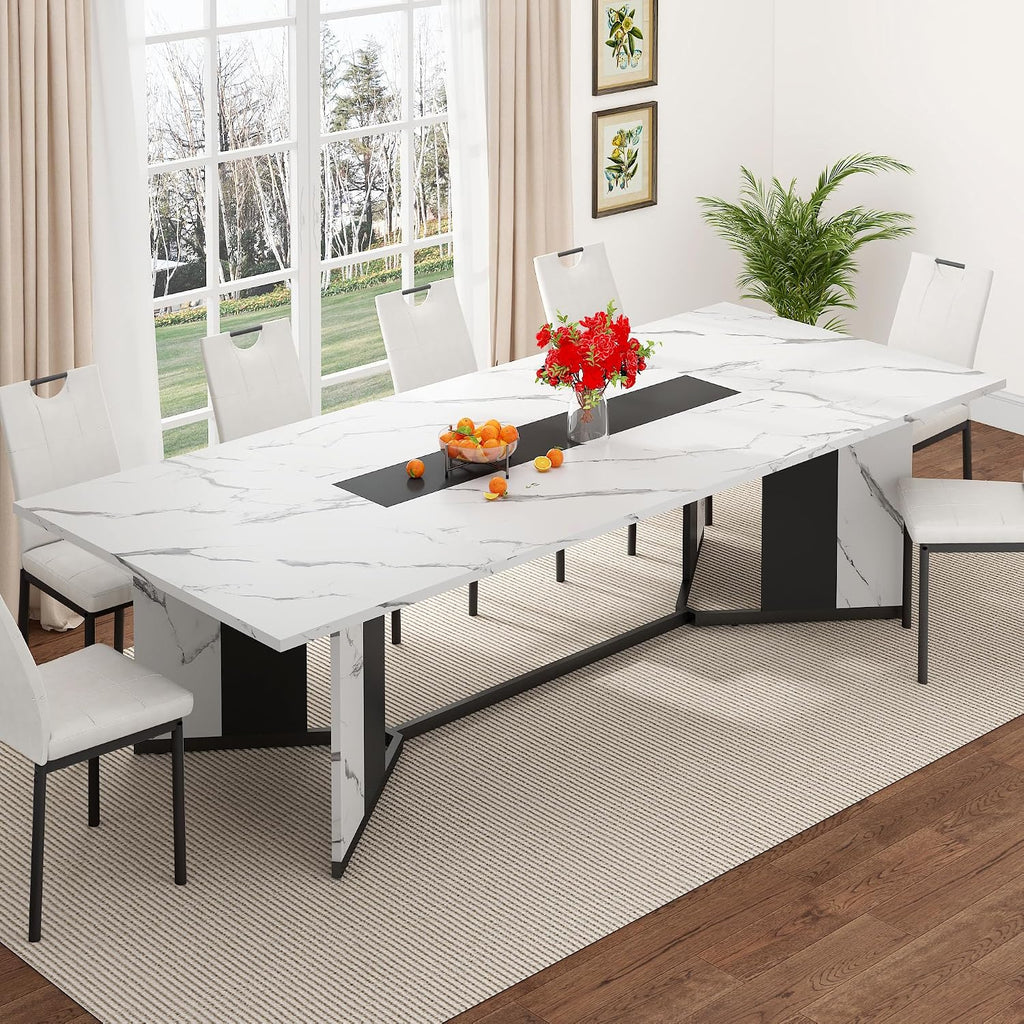chartustriable Dining Table for 8-10 People,94" Large Modern Kitchen Table W/Built-in Table Runner Design,White&Black Industrial Rectangular Dinner Table,Waterproof Wood Table Sturdy Base,280lbs Load