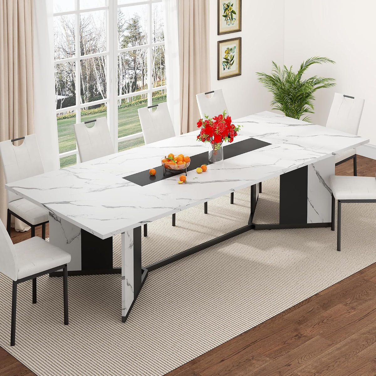 chartustriable Dining Table for 8-10 People,94" Large Modern Kitchen Table W/Built-in Table Runner Design,White&Black Industrial Rectangular Dinner Table,Waterproof Wood Table Sturdy Base,280lbs Load