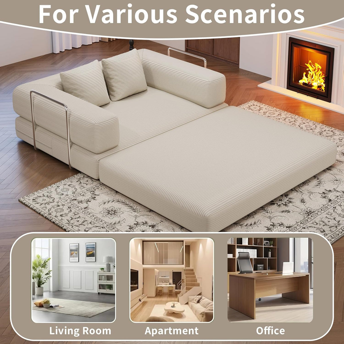 BSHOMGI 4 in 1 Convertible Sofas Couches, Modern Corduroy Futon Bed, Modular Sofa with Pull-Out Bed, LoveSeat for Living Room, Small Space Apartment (Beige, 53.15" Double Sofa)
