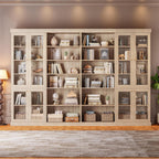 ivaniti 70.8" Tall Farmhouse Bookshelf with Glass Doors, Modular Bookcase with 6-Tier Adjustable Shelves, Large Storage Cabinet for Kitchen, Living Room, Brown, Set of 4