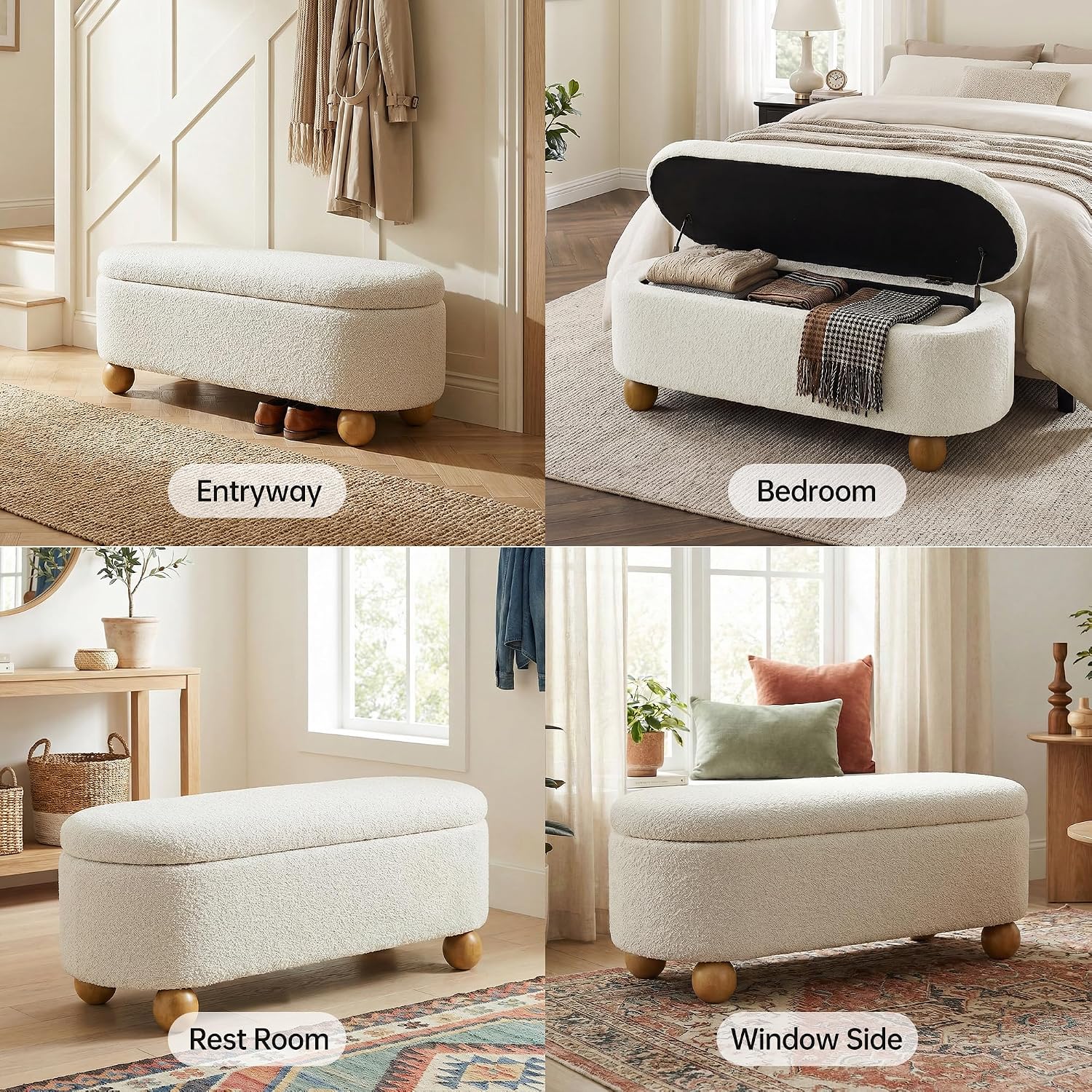 VKNOW 44.8" Storage Ottoman Bench End of Bed Bench with Hinge, Beige | Cute Spherical Solid Wood Stool Legs, Comfortable Fabric, No Assembly, Bedroom Living Room Entryway Dressing Areas