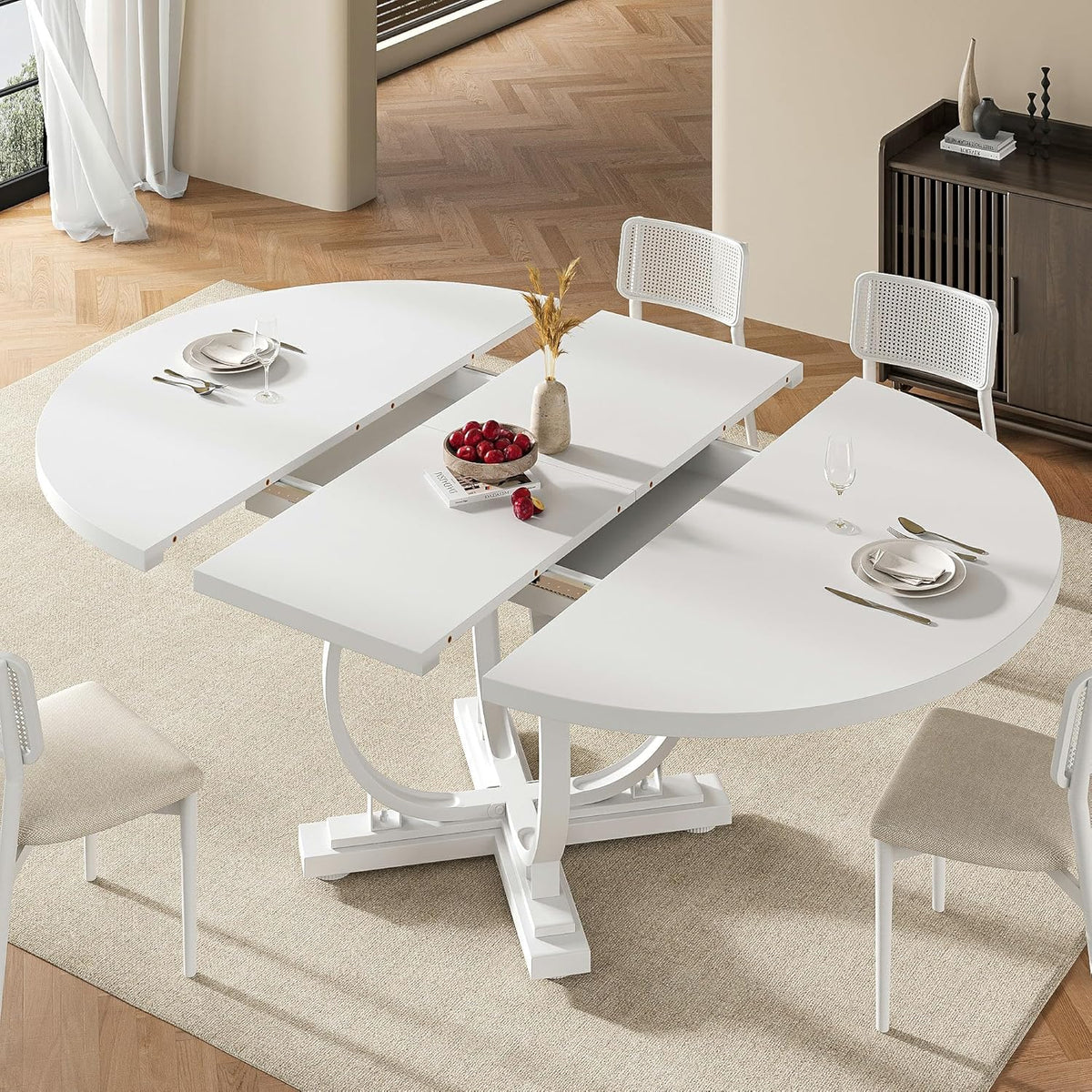 Einhomn 59" Extendable Round Dining Table for 4-6, Modern Oval Kitchen Table with Heavy Duty Curved Legs & Pedestal Base, Space Saving Circle Dinner Room Table for Dining Kitchen Living Room, White