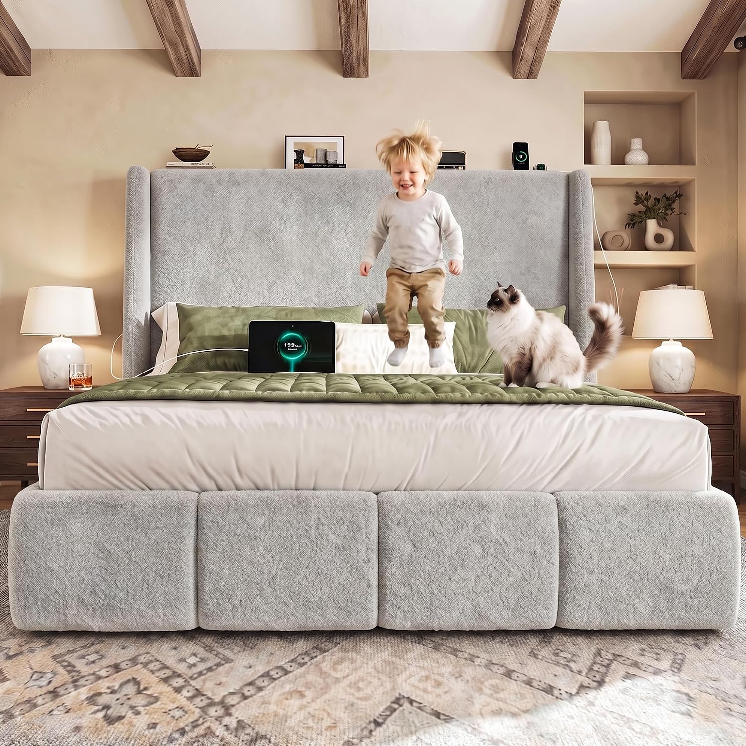 LARMACE Queen Size Bed Frame 54.2" Extra Tall Wingback Headboard, Lambswool Upholstered Platform Bed with Legs Featuring Built-in Charging Ports, Wood Slats, No Box Spring Needed,Light Grey