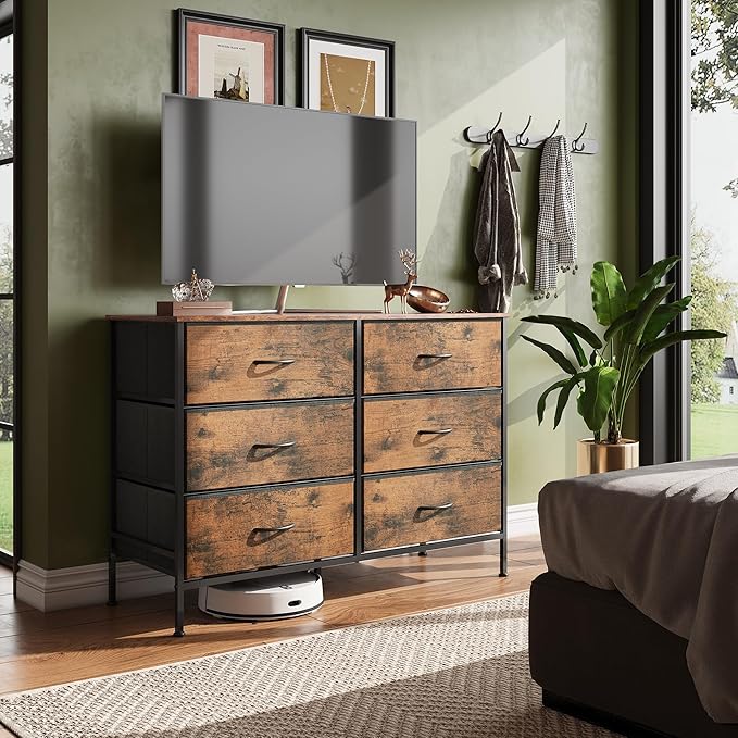 WLIVE Dresser for Bedroom with 6 Drawers, Wide Fabric Dresser TV Stand for 50 Inches TV, with Metal Frame, Wooden Top, Fabric Storage Dresser for Bedroom, Hallway, Entryway, Rustic Brown