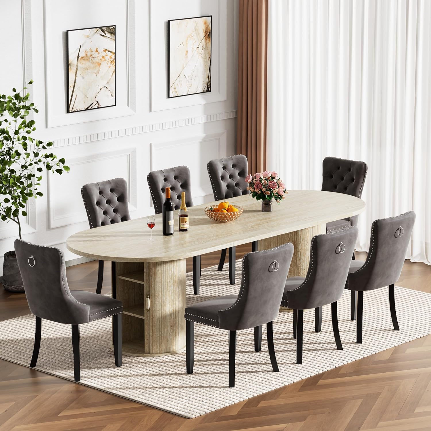 63"-94" Large Oval Extendable Dining Table for 6 8 10, Faux Travertine Expandable Kitchen Table with Fluted Cylindrical Storage Base, Modern Farmhouse Expanding Table for Dinner Party Family Gathering
